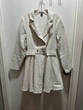 Long Sleeve Collared White Button Up Trench Coat Dress w/ Gold Patterns